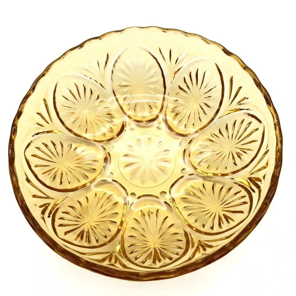 Vintage Yellow Glass Serving Bowl Anchor Hocking Medallion Honey Gold 8